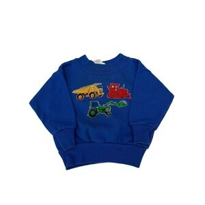 Vtg Boys Sweater Dump Truck Tractor Bulldozer Blue Crew Neck Sz 12M Spencers